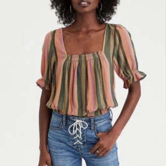 American Eagle Striped Cropped Elastic Bottom Blouse Boho XS - Picture 1 of 6